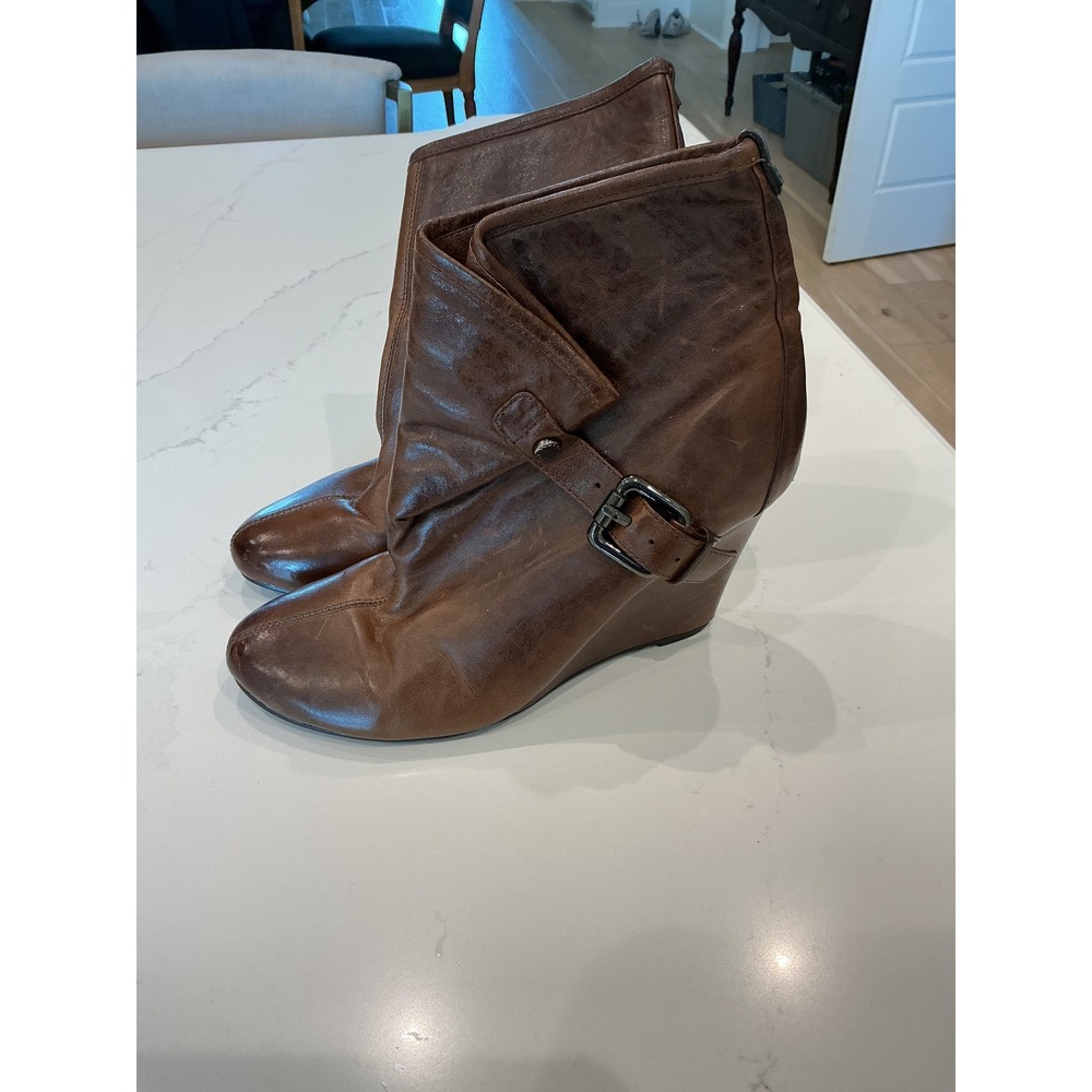Rudsak Brown Leather Wedge Ankle Boots Buckle Faux Fur Lined Size 39
